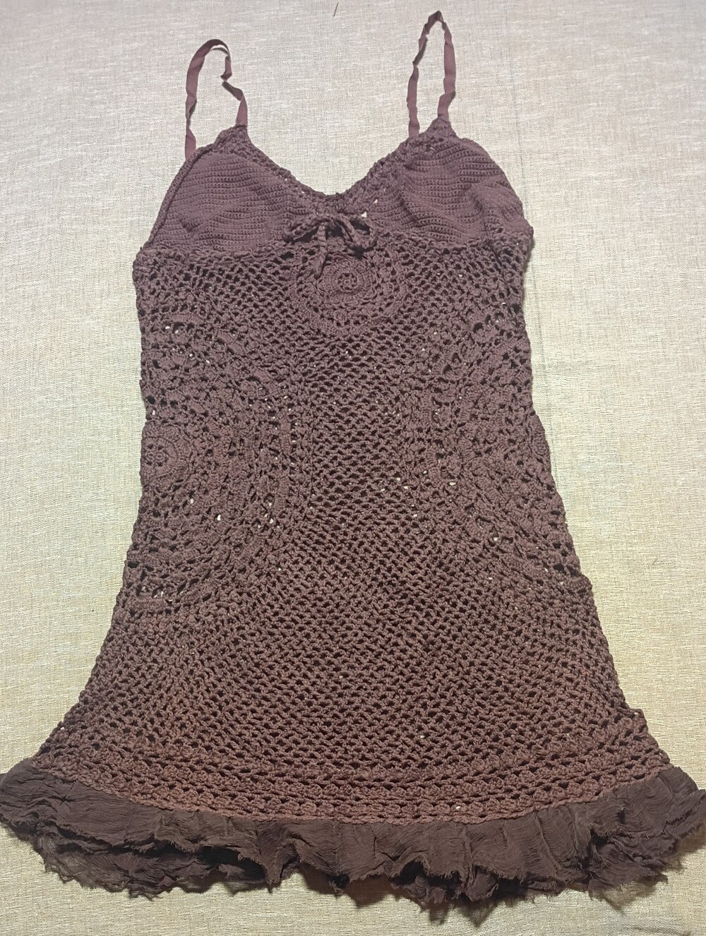 Free People Y2K Vintage Brown Open Crochet Lace Ruffle Hem Cami Tunic Dress L